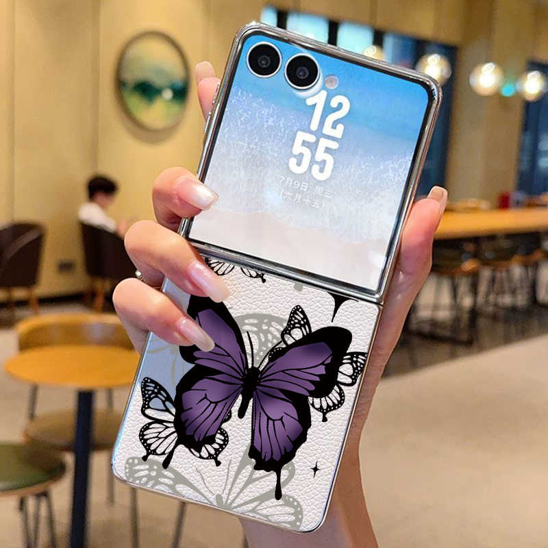 Phone Cases Z Fold 7 - Casing Ponsel Kulit PU Kupu-kupu Ungu