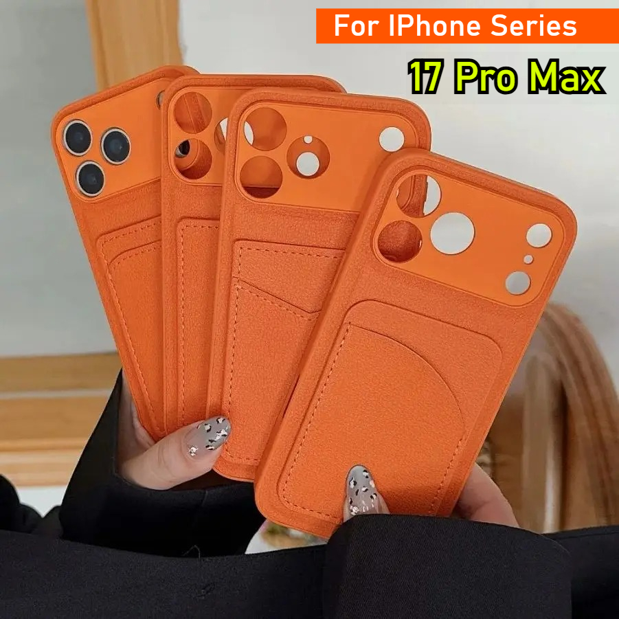 Phone Cases With Card Holder - Casing Dompet Kulit Warna Oranye Untuk