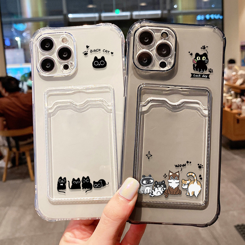 Phone Cases With Card Holder - Casing Ponsel Kucing Hitam Lucu Untuk