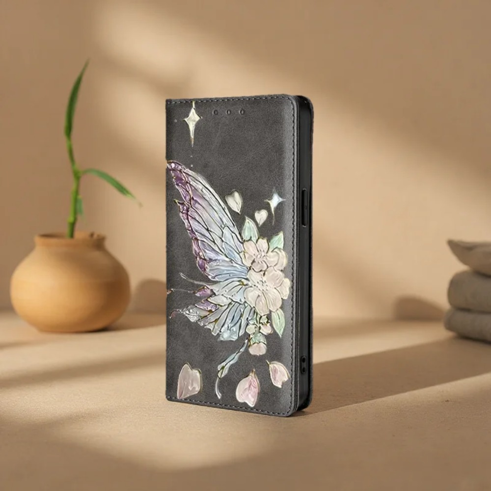 Flip Leather Case - Casing Kulit Motif Kupu-kupu Anti Benturan